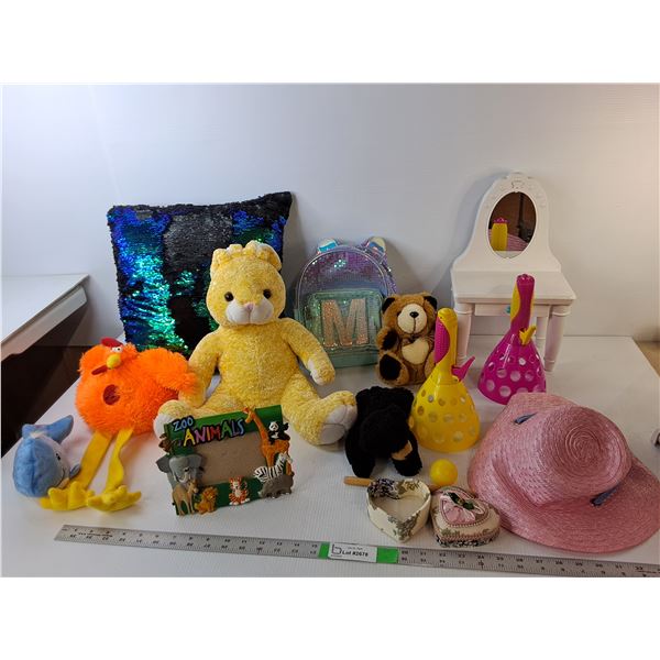 Kids' Lot- Sequined Pillow, (4) Stuffies, Mini Backpack, Misc.