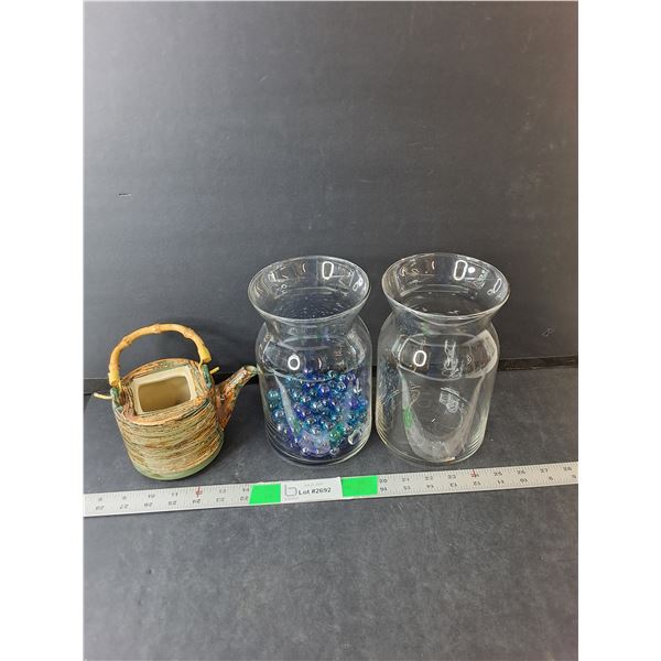 (2) Glass Vases 8" Tall, Marbles & Ceramic Watering Can