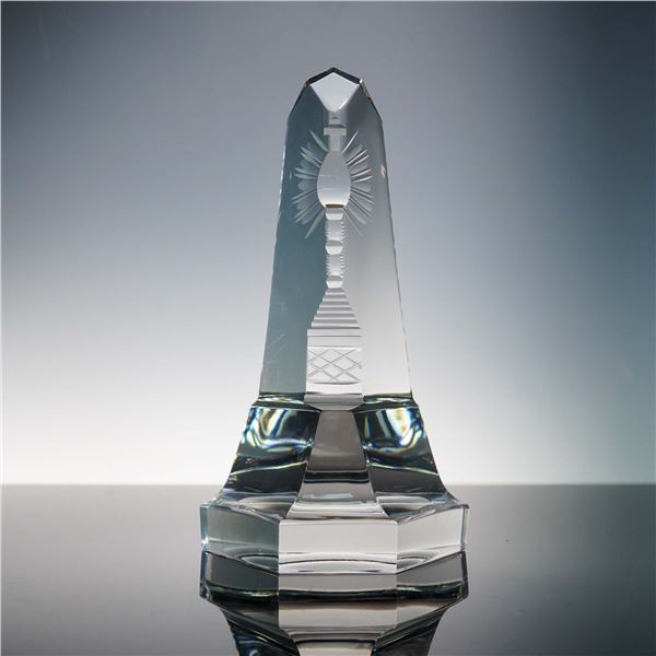 Val St Lambert Crystal Obelisk Sculpture with Engraved Interior