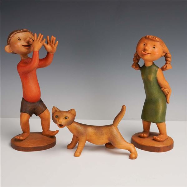 3pc Anri Hand-Carved Figurines, Children and Cat, Italy