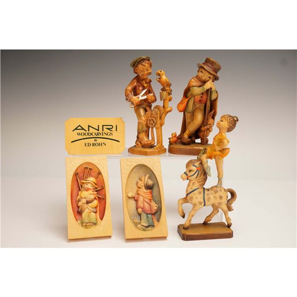 6pc ANRI Hand Carved Wood Figurines and Relief Plaques