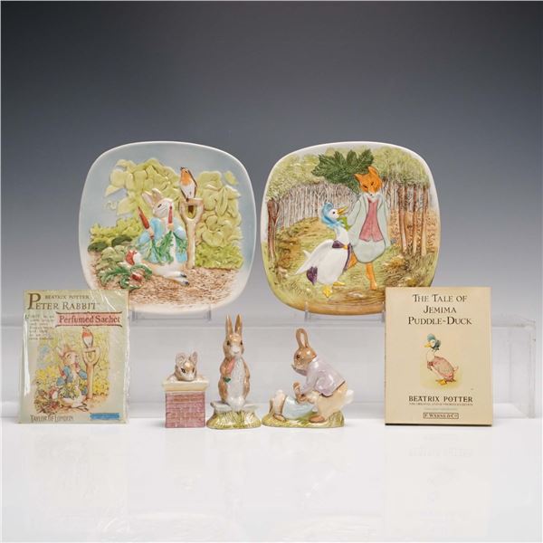 7pc Beswick Beatrix Potter Figurines, Plates, Book and Sachet