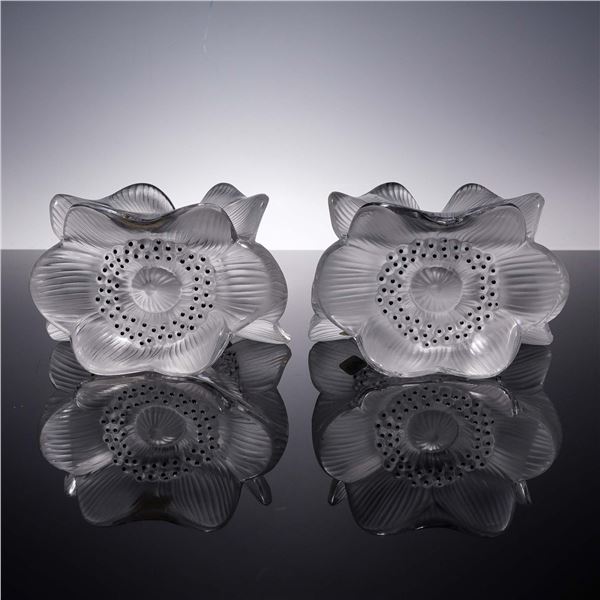 Pair of Lalique Crstal Candle Holders, Three Anemones
