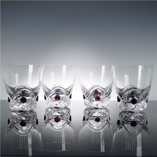 4pc Lalique Art Deco Crystal Floride Arch Tumblers with Purple Dots