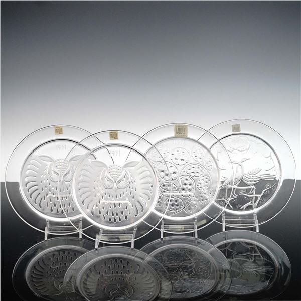 4pc Lalique Crystal Annual Plates, Hibou, Silver Pennies & Cranes
