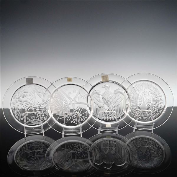 4pc Lalique Crystal Annual Plates, Peacock, Fish, Papillon & Eagle