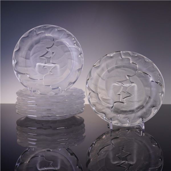 7pc Lalique Crystal Plates, Chene Luncheon Pattern
