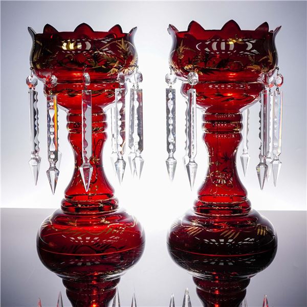 Pair of  Bohemian Ruby Cranberry Glass Mantle Lusters with Prisms