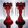 Image 1 : Pair of  Bohemian Ruby Cranberry Glass Mantle Lusters with Prisms