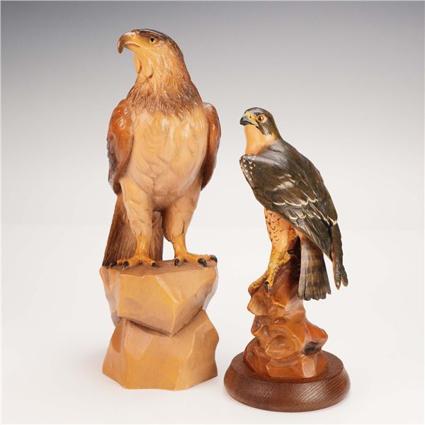 2pc ANRI Carved Wood Figurines, Hawk and Falcon
