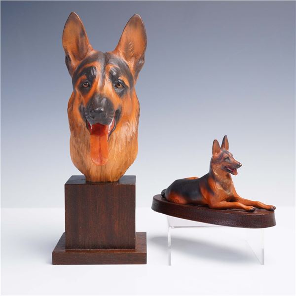 2pc Anri Wood Dog Sculptures, German Shepherd  by Helmut Diller