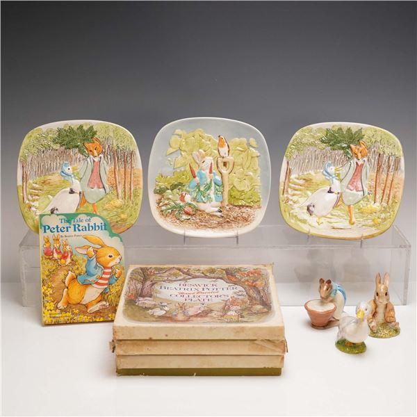 7pc Beswick Beatrix Potter Figurines (3), Plates (3) and Book