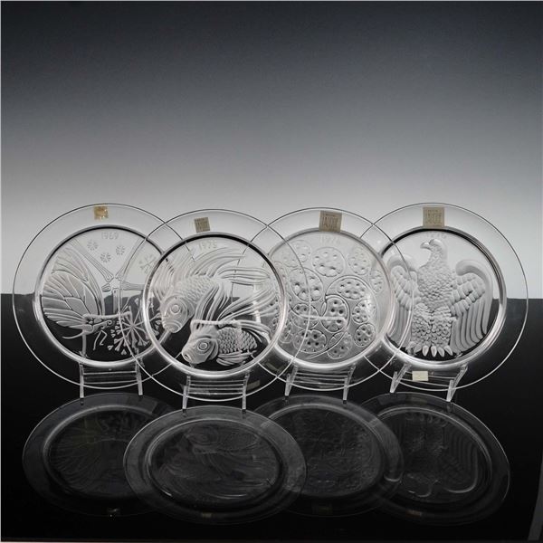 4pc Lalique Crystal Annual Plates, Eagle, Fish Duet, Silver Pennies & Papil