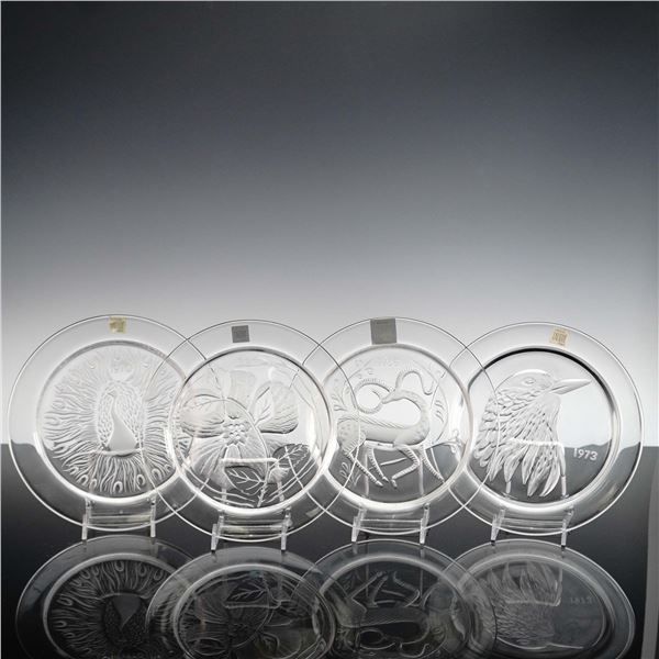 4pc Lalique Crystal Annual Plates, Jayling, Peacock, Dreamrose & Gazelle