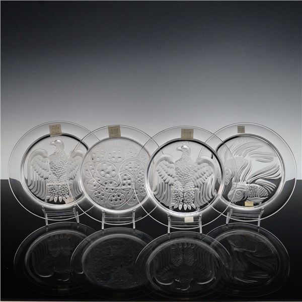 4pc Lalique Crystal Annual Plates, Silver Pennies, Fish Duet & Eagles