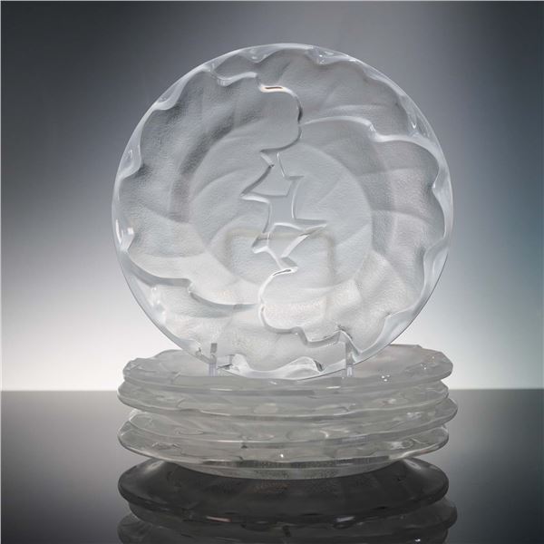 5 pc Lalique France Frosted Crystal Plates, Chene Oak Leaf