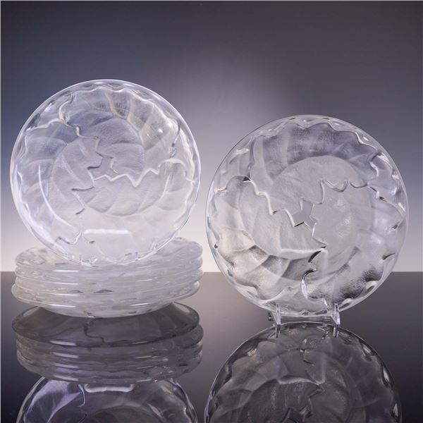 6pc Lalique Crystal Plates, Chene Dinner Pattern