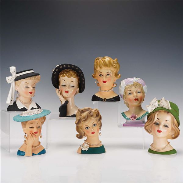 7pc Enesco Lady Head Vases, Mid-Century Japan Figurines