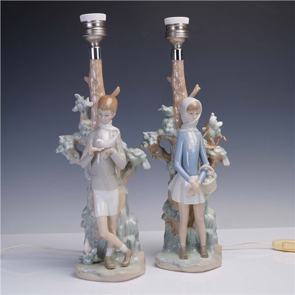 2pc Lladro Porcelain Table Lamps, Girl 1004507 Boy 1004508