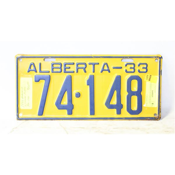 REFINISHED 1933 ALBERTA LICENSE PLATE