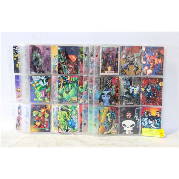 14 BINDER PAGES OF ASSORTED MARVEL / DC CARDS