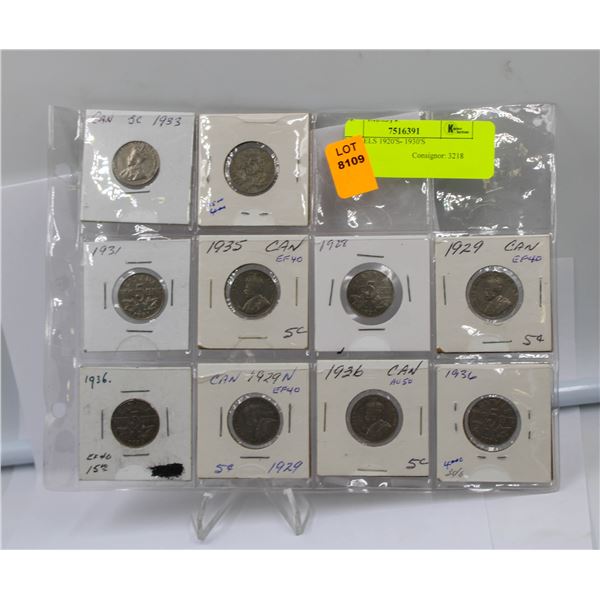 8 NICKELS 1920'S- 1930'S
