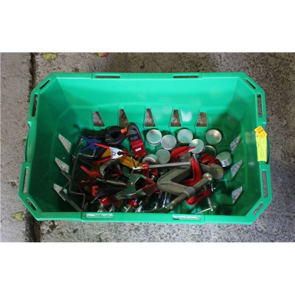 GREEN BASKET WITH ASSORTED CLAMPS ETC