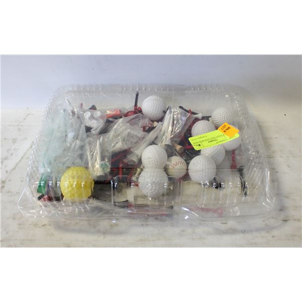 LOT OF GOLF TEES AND PRACTICE BALLS