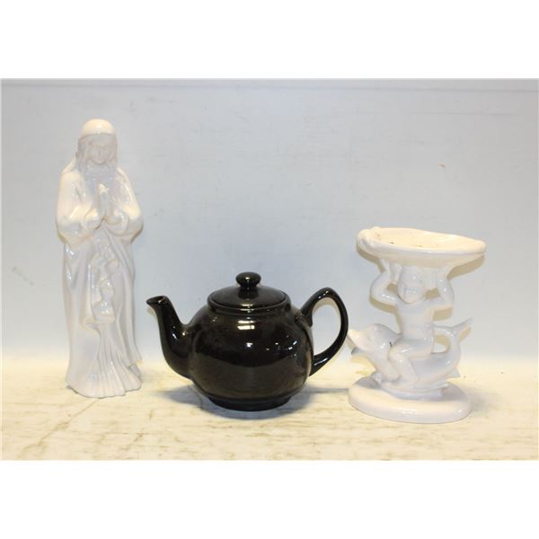 PAIR OF ESTATE CERAMIC STATUES + LIDDED TEAPOT BLK