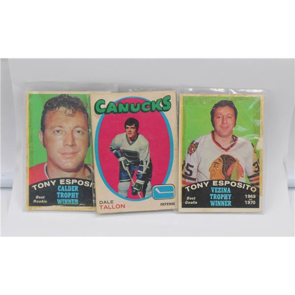 3 HOCKEY CARDS W/ TONY ESPOSITO, DALE TALLON &
