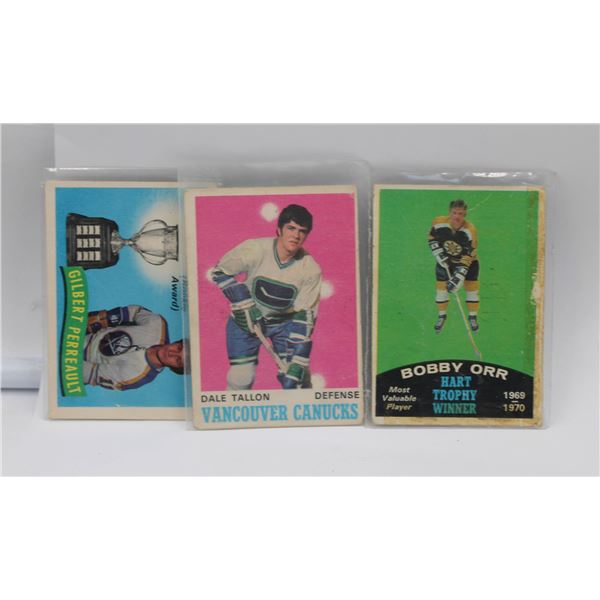 3 HOCKEY CARDS W/ BOBBY ORR, DALE TALLON, GILBERT