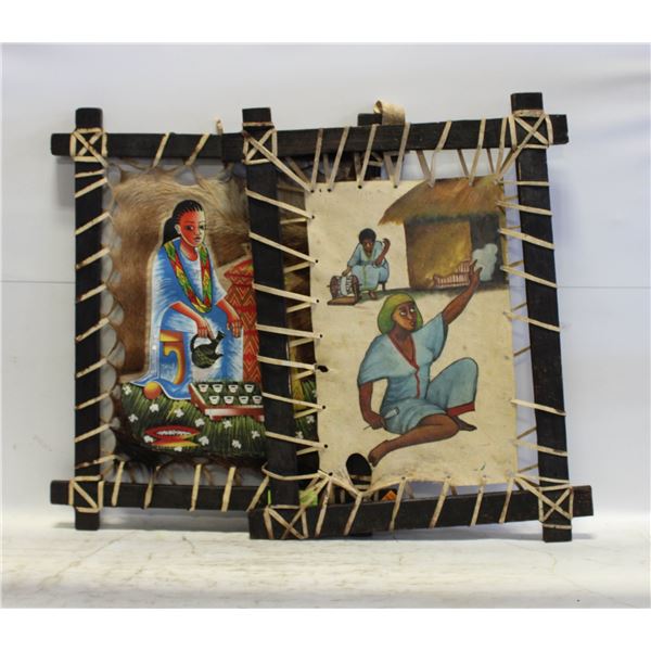 2 FRAMED DEERHIDE EAST AFRICAN WALL DECOR PICTURES
