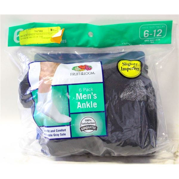 BLACK ANKLE SOCKS 6-12 SIZE 6-PACK FRUIT OF THE