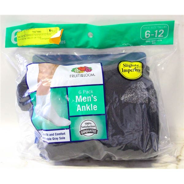BLACK ANKLE SOCKS 6-12 SIZE 6-PACK FRUIT OF THE