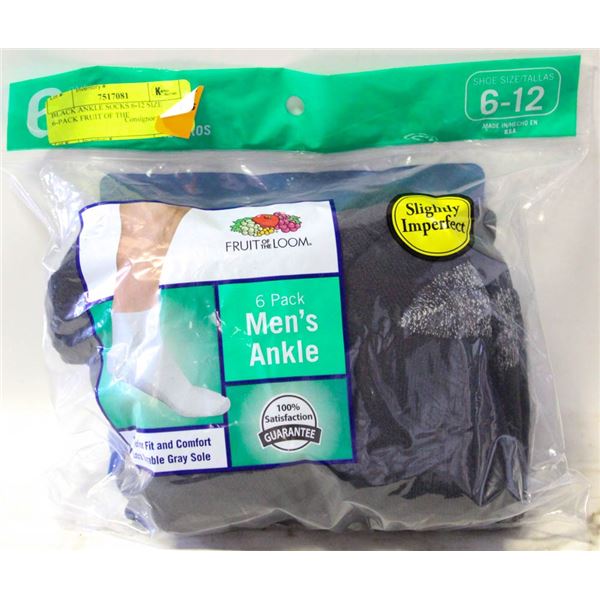 BLACK ANKLE SOCKS 6-12 SIZE 6-PACK FRUIT OF THE