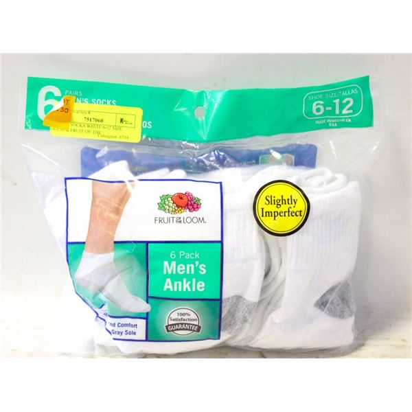 ANKLE SOCKS WHITE 6-12 SIZE 6-PACK FRUIT OF THE