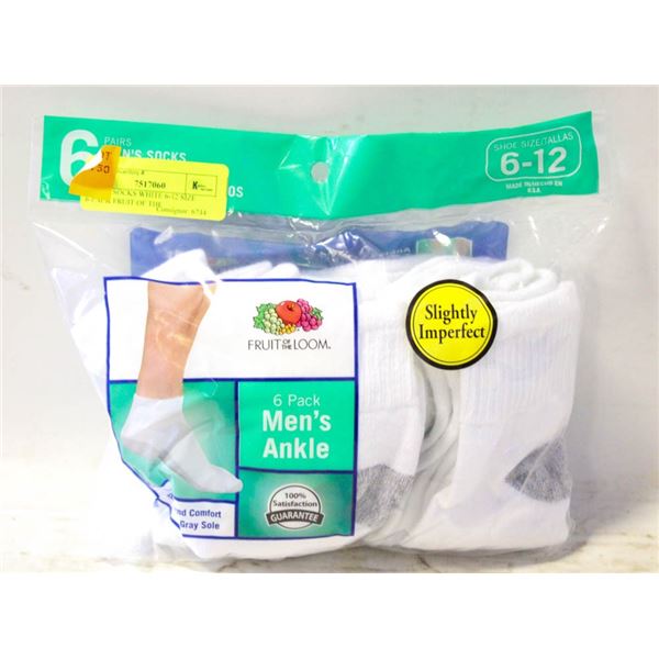 ANKLE SOCKS WHITE 6-12 SIZE 6-PACK FRUIT OF THE