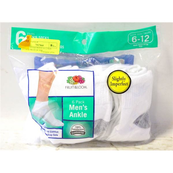 ANKLE SOCKS WHITE 6-12 SIZE 6-PACK FRUIT OF THE
