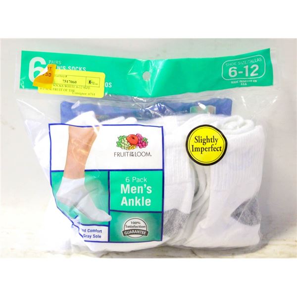 ANKLE SOCKS WHITE 6-12 SIZE 6-PACK FRUIT OF THE