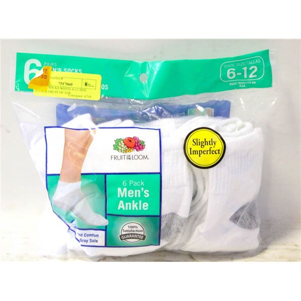 ANKLE SOCKS WHITE 6-12 SIZE 6-PACK FRUIT OF THE