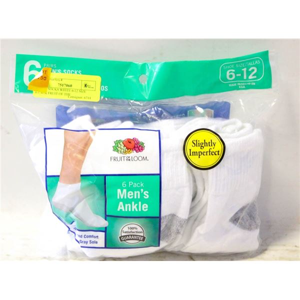 ANKLE SOCKS WHITE 6-12 SIZE 6-PACK FRUIT OF THE