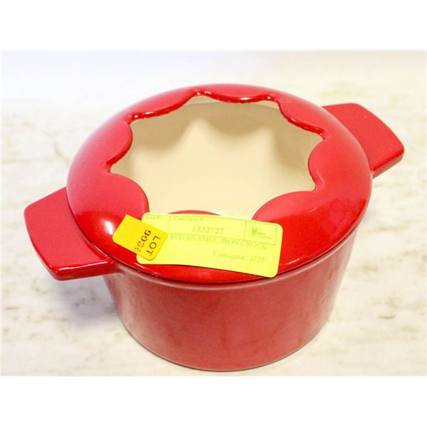 SMALL RED ENAMEL IRON CROCK POT