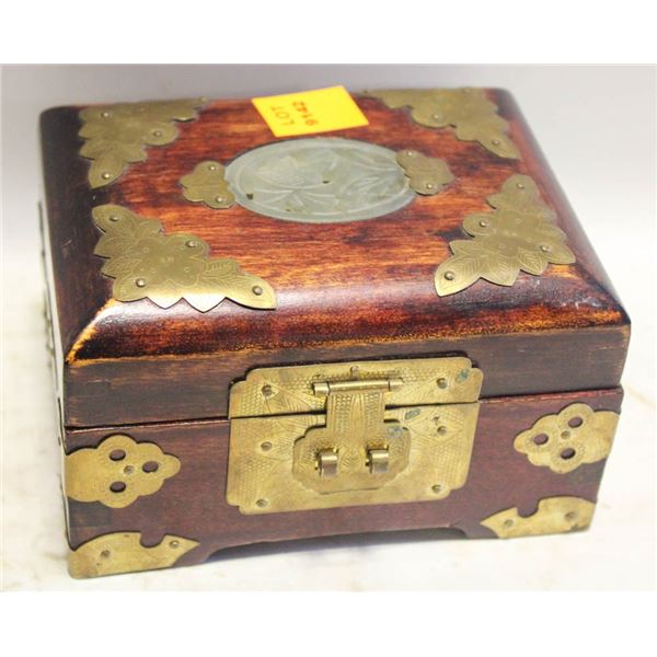 OLDER ORNATE WOOD AND BRASS JEWLERY BOX