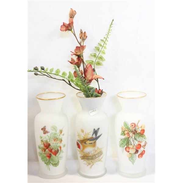 THREE SMALL FROSTED VASES WITH NATURE