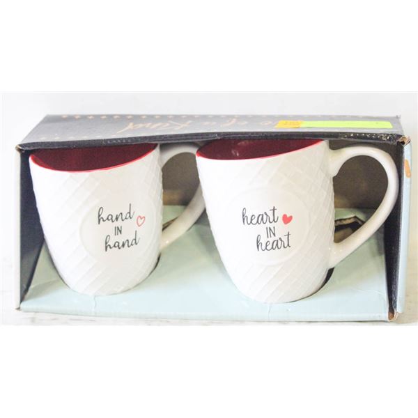 2 CUPS COFFEE MUGS WHITE AND RED HAND IN