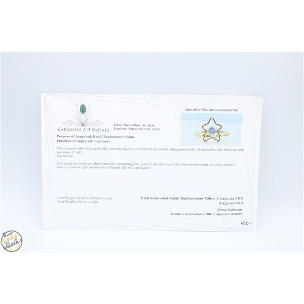 10KT YELLOW GOLD CAST STAR TANZANITE RING SIZE 4