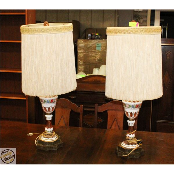 2 TALL FLORAL VINTAGE LAMPS WITH FRINGE H-32.5"