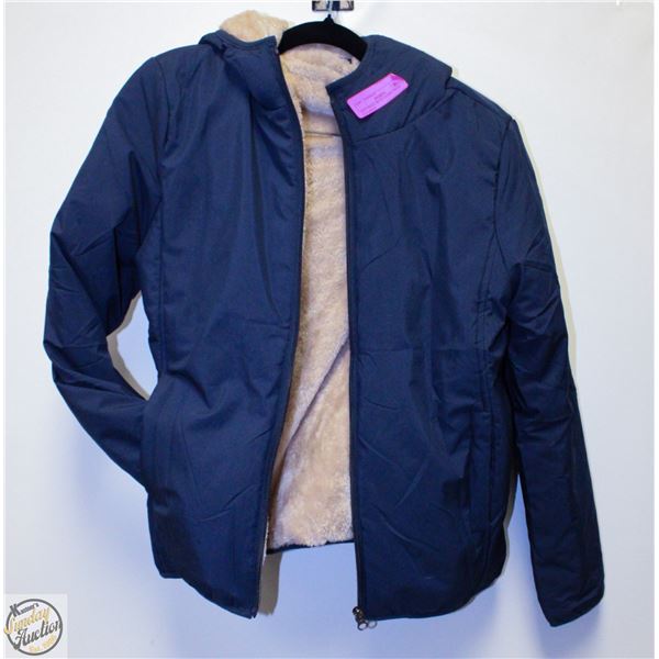 NEW SMALL BLUE JACKET WITH FAUX FUR HOOD