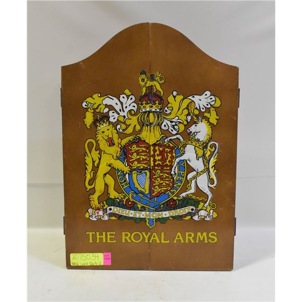 THE ROYAL ARMS PAINTED WOODEN CASED DART BOARD
