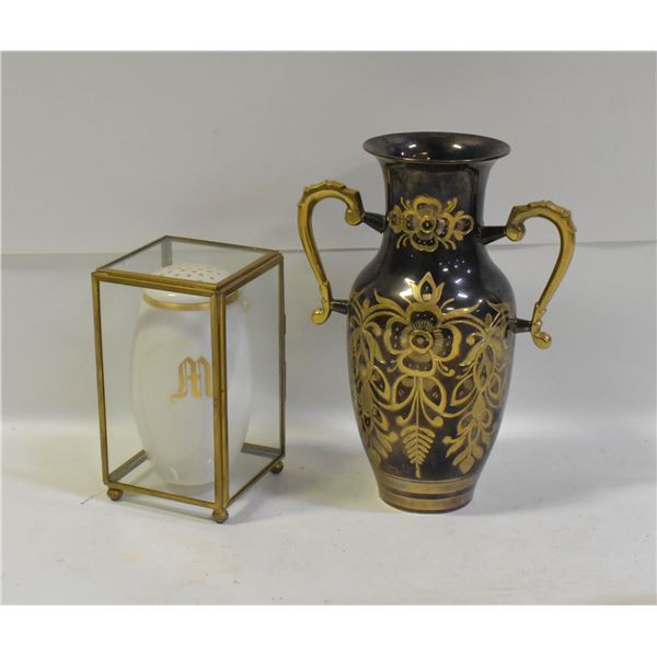 HEAVY SOLID BRASS HAND ETCHED BLACK VASE